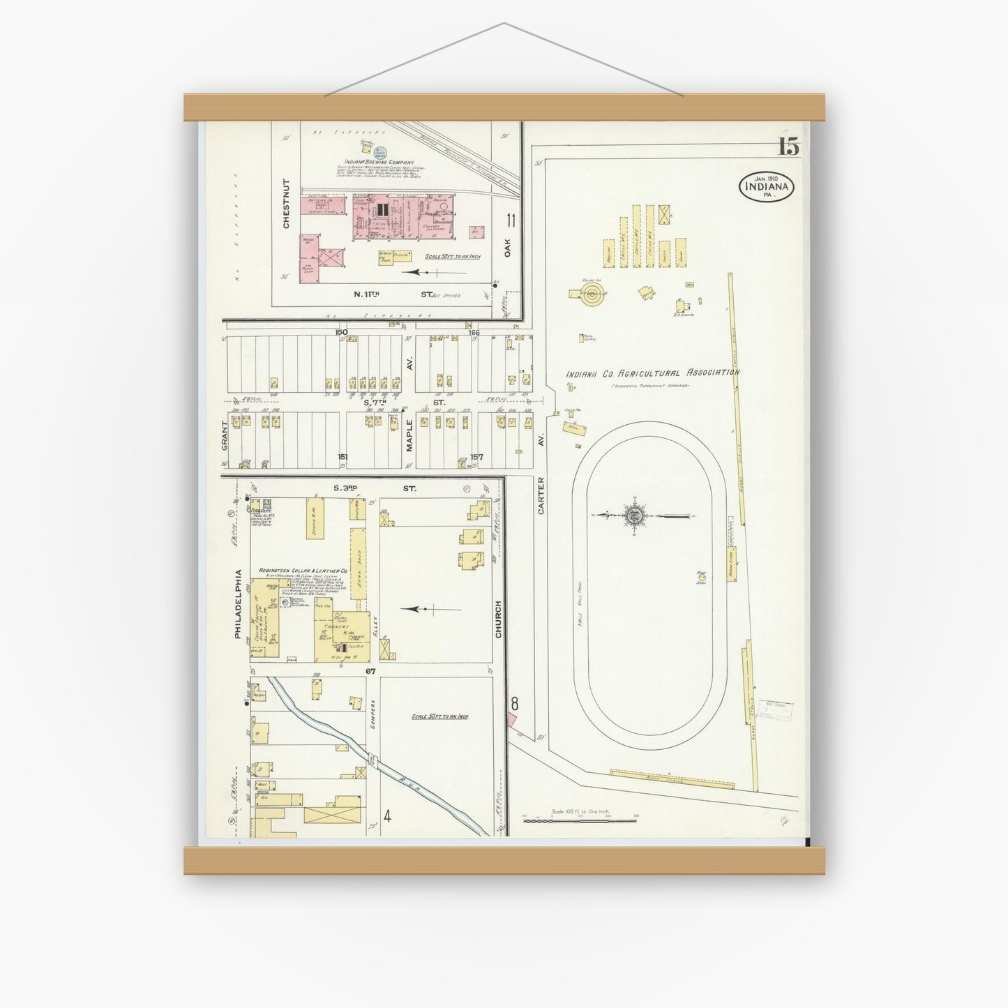 Old map wall art mockup — magnetic wood frame on white wall — Sanborn Fire Insurance Map from Indiana, Indiana County, Pennsylvania (1910), Sheet #0015