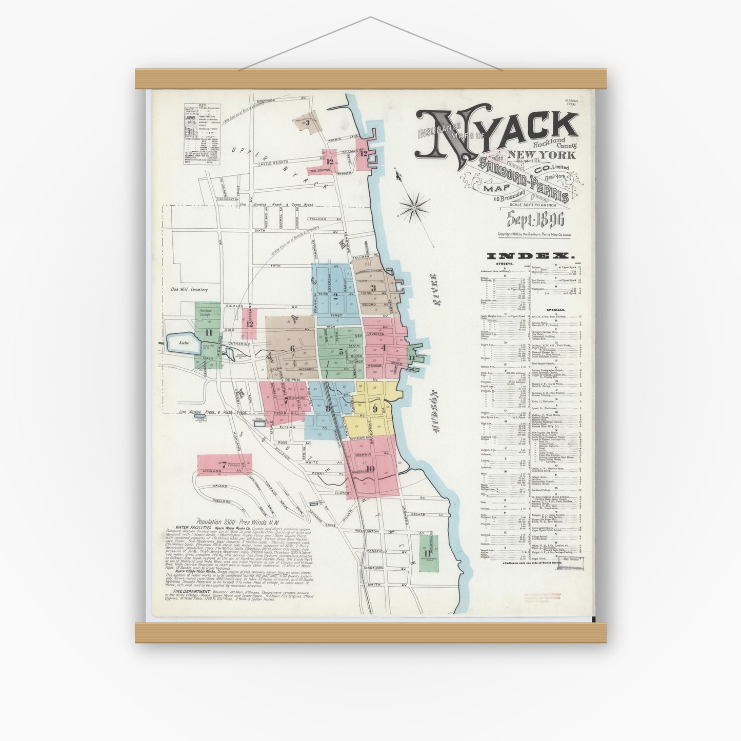 Old map wall art mockup — magnetic wood frame on white wall — Sanborn Fire Insurance Map from Nyack, Rockland County, New York. (1896), Sheet #0000