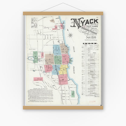 Old map wall art mockup — magnetic wood frame on white wall — Sanborn Fire Insurance Map from Nyack, Rockland County, New York. (1896), Sheet #0000