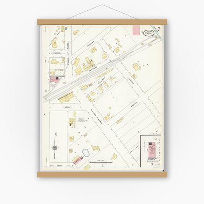 Old map wall art mockup — magnetic wood frame on white wall — Sanborn Fire Insurance Map from Carmi, White County, Illinois (1912), Sheet #0007