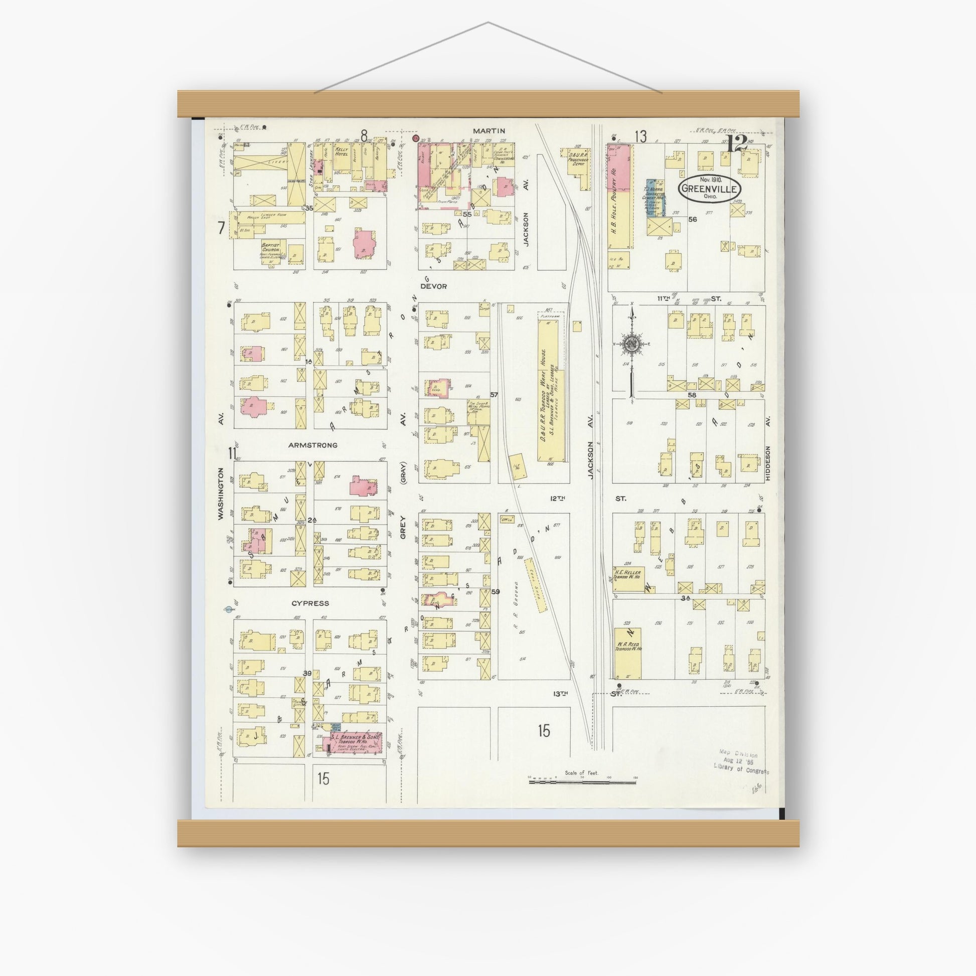 Old map wall art mockup — magnetic wood frame on white wall — Sanborn Fire Insurance Map from Greenville, Darke County, Ohio (1910), Sheet #0012