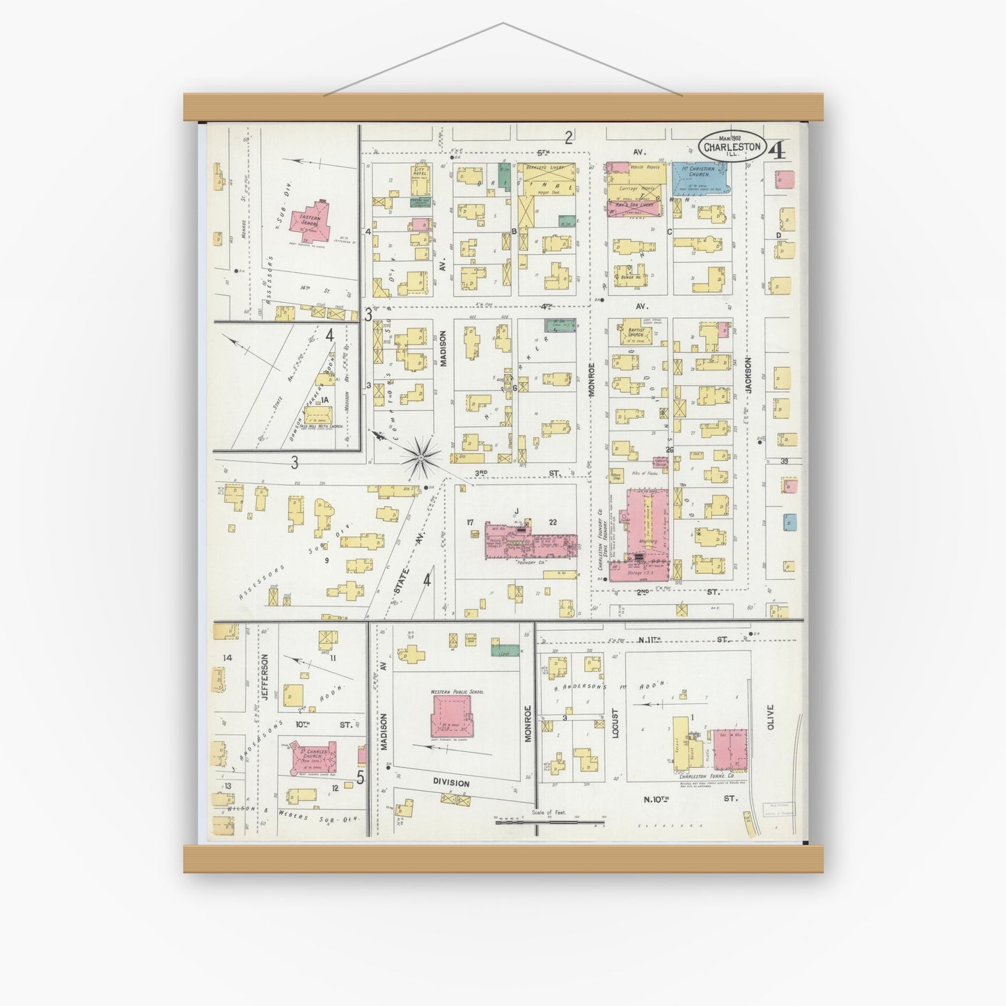 Old map wall art mockup — magnetic wood frame on white wall — Sanborn Fire Insurance Map from Charleston, Coles County, Illinois (1902), Sheet #0004