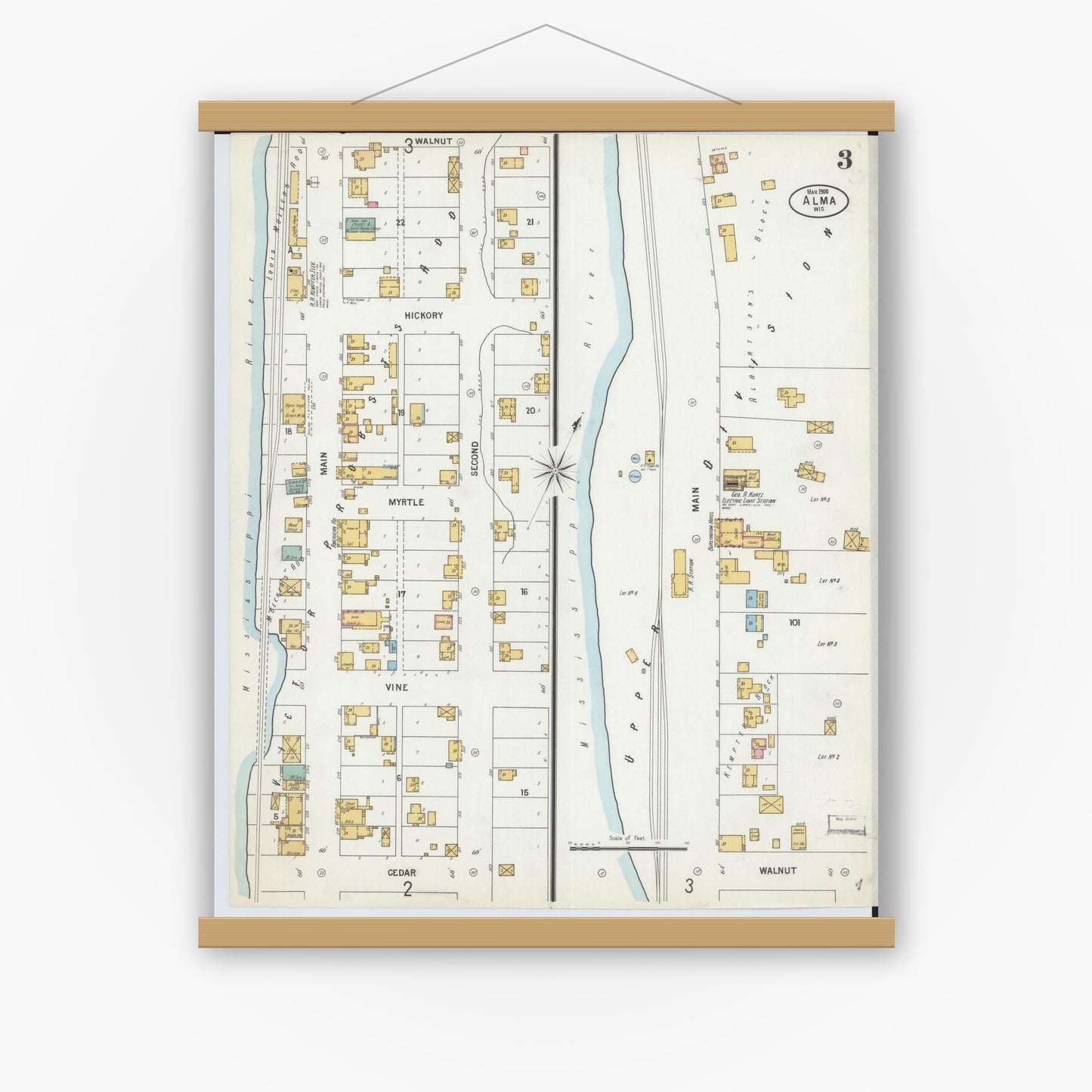 Old map wall art mockup — magnetic wood frame on white wall — Sanborn Fire Insurance Map from Alma, Buffalo County, Wisconsin (1900), Sheet #0003