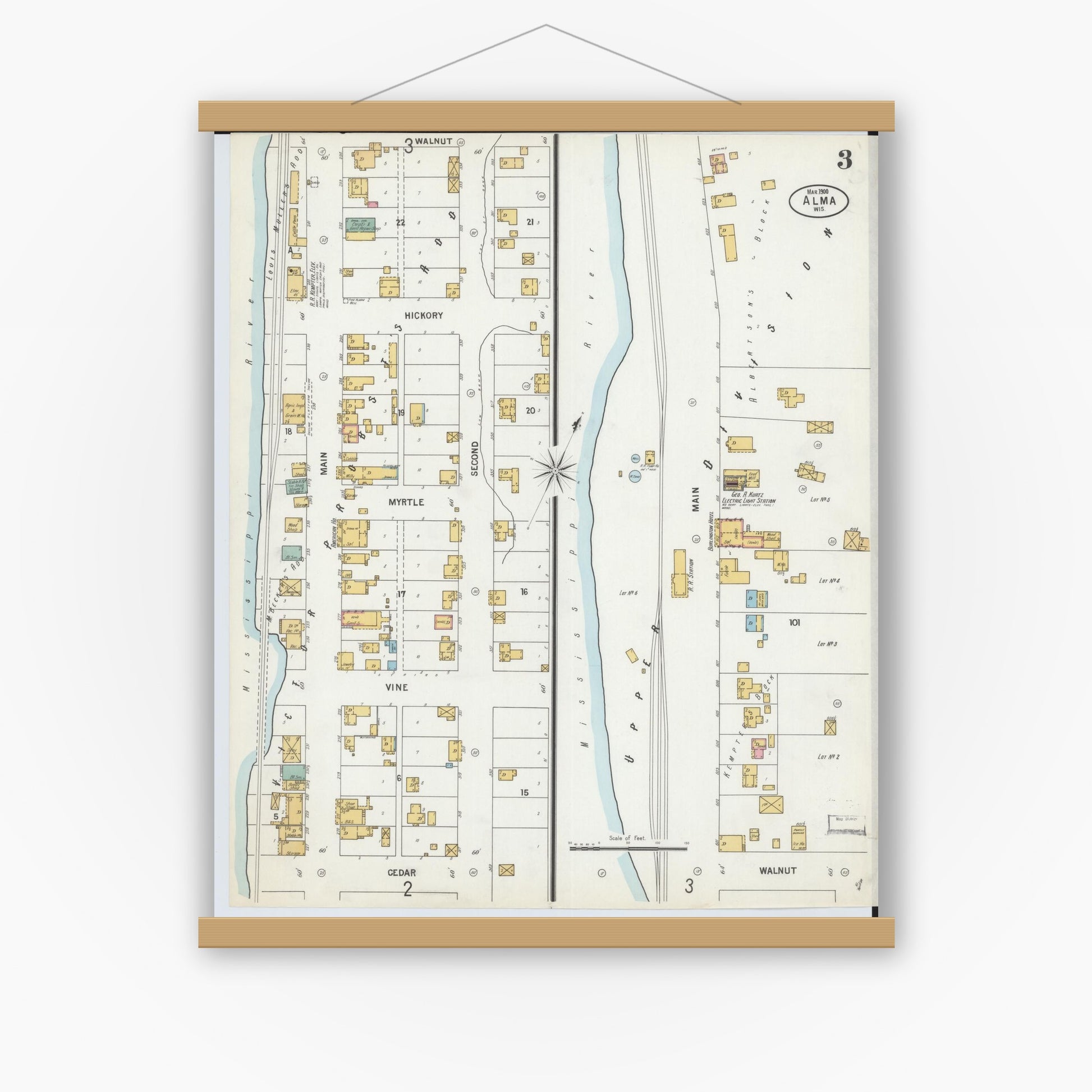 Old map wall art mockup — magnetic wood frame on white wall — Sanborn Fire Insurance Map from Alma, Buffalo County, Wisconsin (1900), Sheet #0003