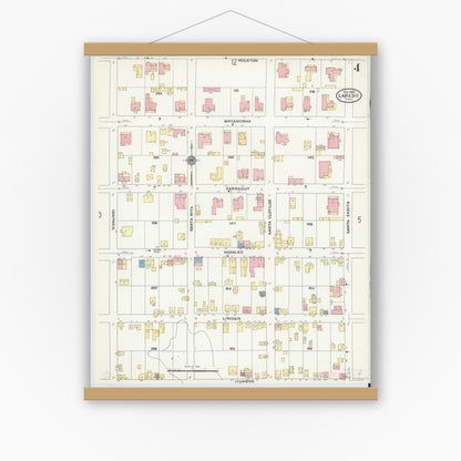 Old map wall art mockup — magnetic wood frame on white wall — Sanborn Fire Insurance Map from Laredo, Webb County, Texas (1909), Sheet #0004