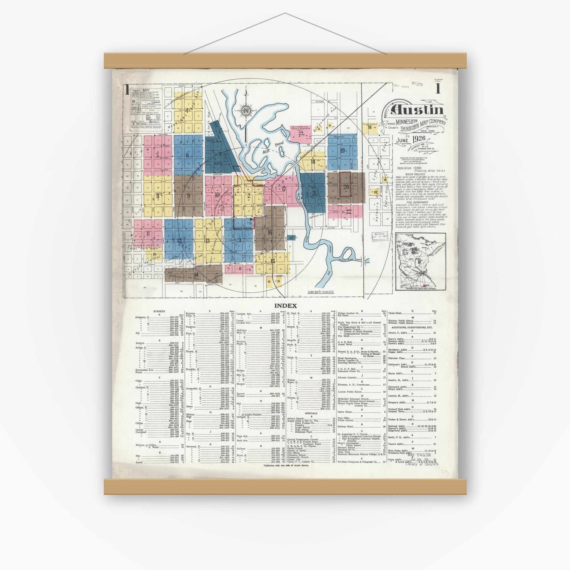 Old map wall art mockup — magnetic wood frame on white wall — Sanborn Fire Insurance Map from Austin, Mower County, Minnesota (1926), Sheet #0001
