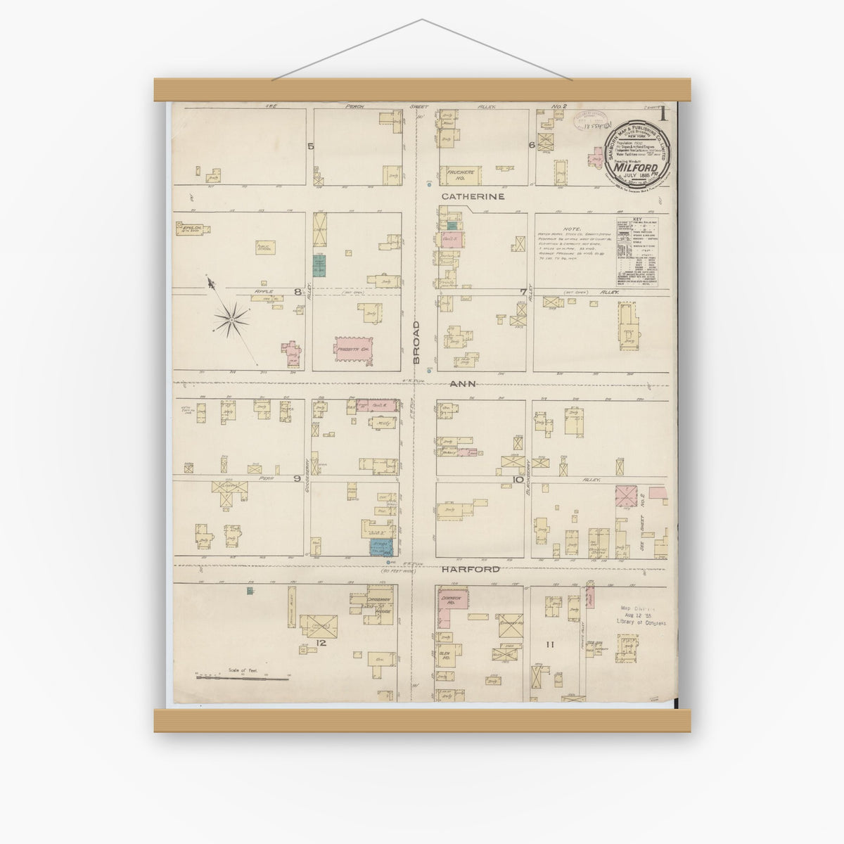 Old map wall art mockup — magnetic wood frame on white wall — Sanborn Fire Insurance Map from Milford, Pike County, Pennsylvania (1885) - Complete Map Set