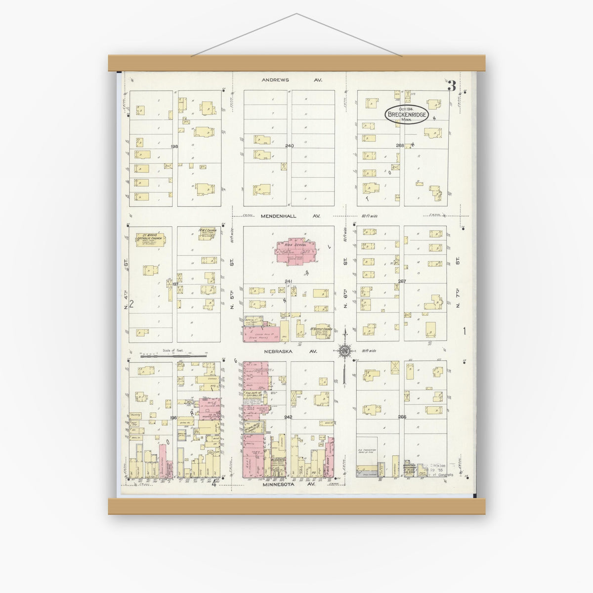 Old map wall art mockup — magnetic wood frame on white wall — Sanborn Fire Insurance Map from Breckenridge, Wilkin County, Minnesota (1914), Sheet #0003