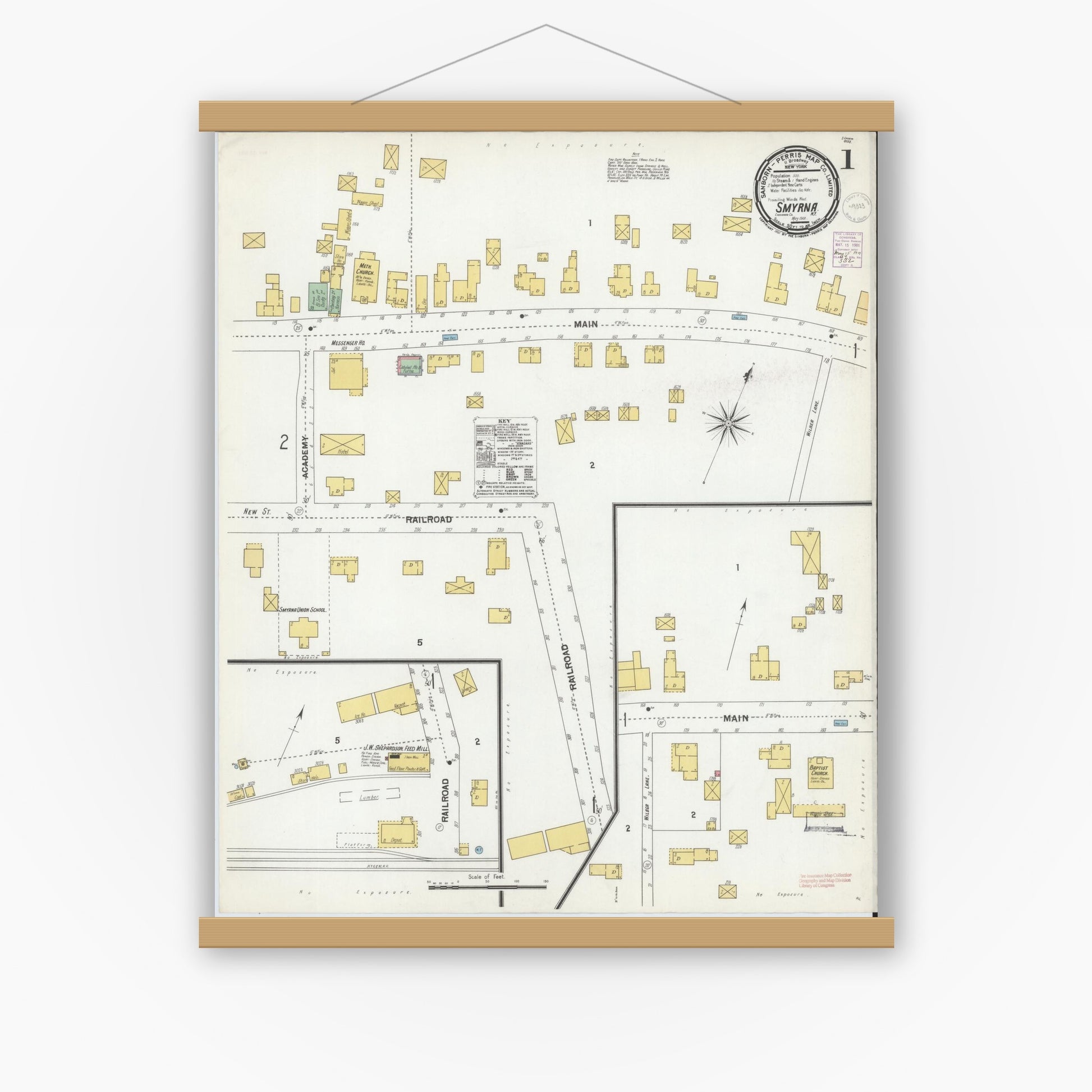 Old map wall art mockup — magnetic wood frame on white wall — Sanborn Fire Insurance Map from Smyrna, Chenango County, New York (1901) - Complete Map Set