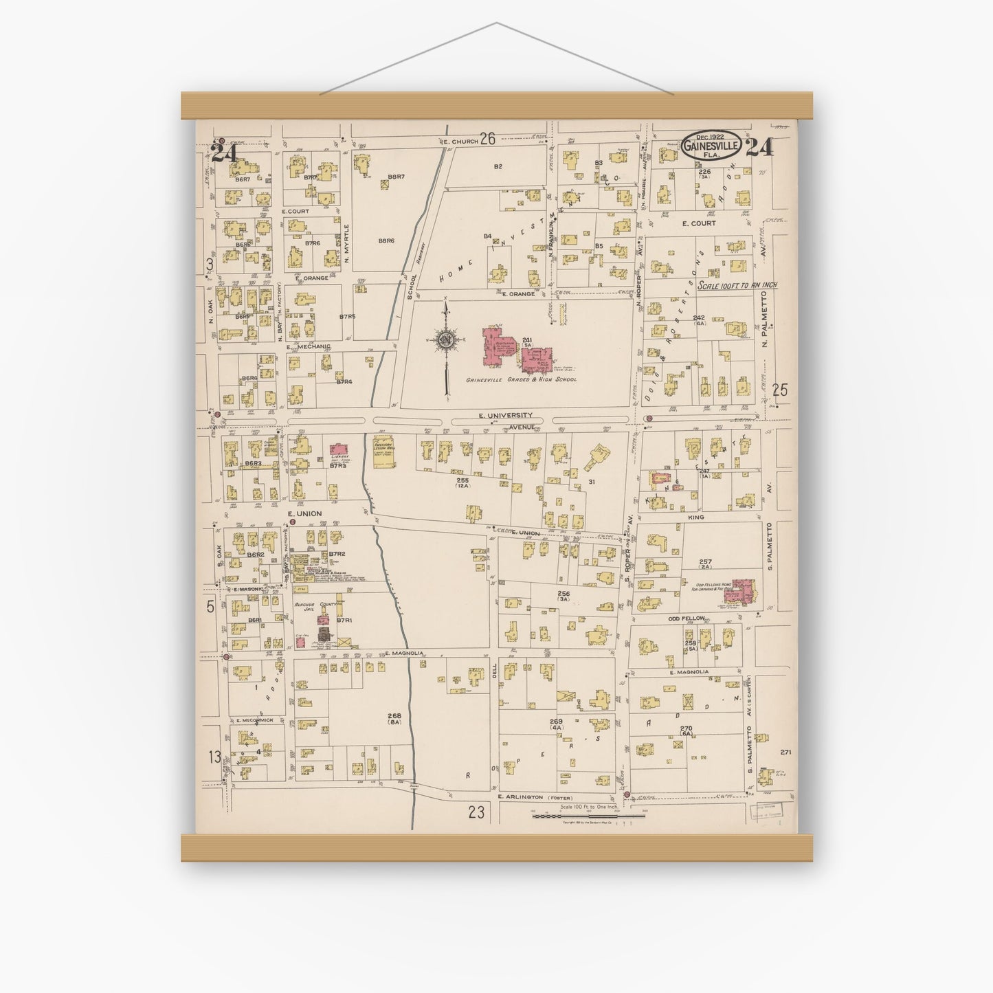 Old map wall art mockup — magnetic wood frame on white wall — Sanborn Fire Insurance Map from Gainesville, Alachua County, Florida (1922), Sheet #0024