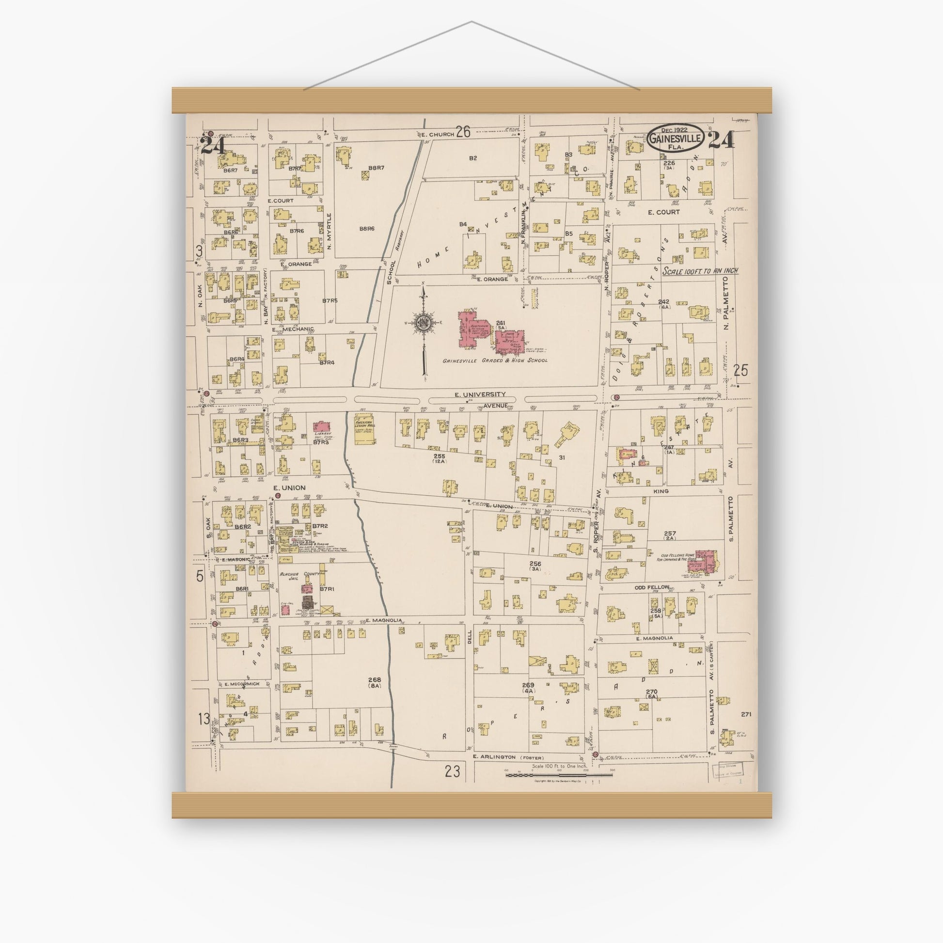 Old map wall art mockup — magnetic wood frame on white wall — Sanborn Fire Insurance Map from Gainesville, Alachua County, Florida (1922), Sheet #0024