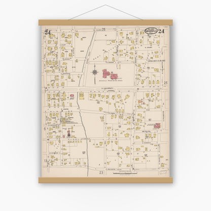 Old map wall art mockup — magnetic wood frame on white wall — Sanborn Fire Insurance Map from Gainesville, Alachua County, Florida (1922), Sheet #0024