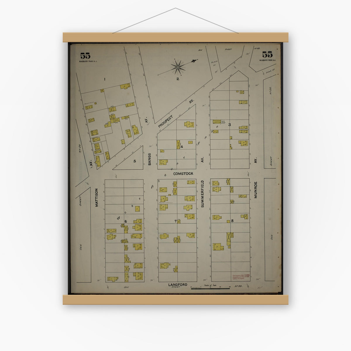 Old map wall art mockup — magnetic wood frame on white wall — Sanborn Fire Insurance Map from New Jersey Coast, New Jersey Coast, New Jersey (1890), Sheet #0055