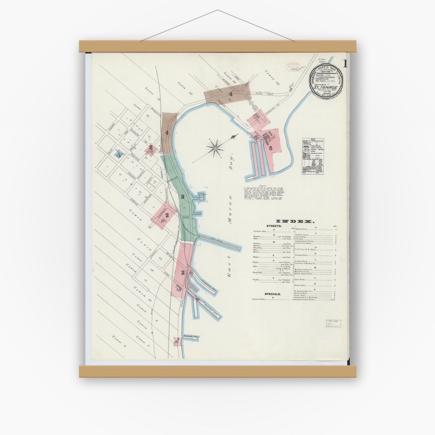Old map wall art mockup — magnetic wood frame on white wall — Sanborn Fire Insurance Map from Saint Ignace, Mackinac County, Michigan (1890) - Complete Map Set