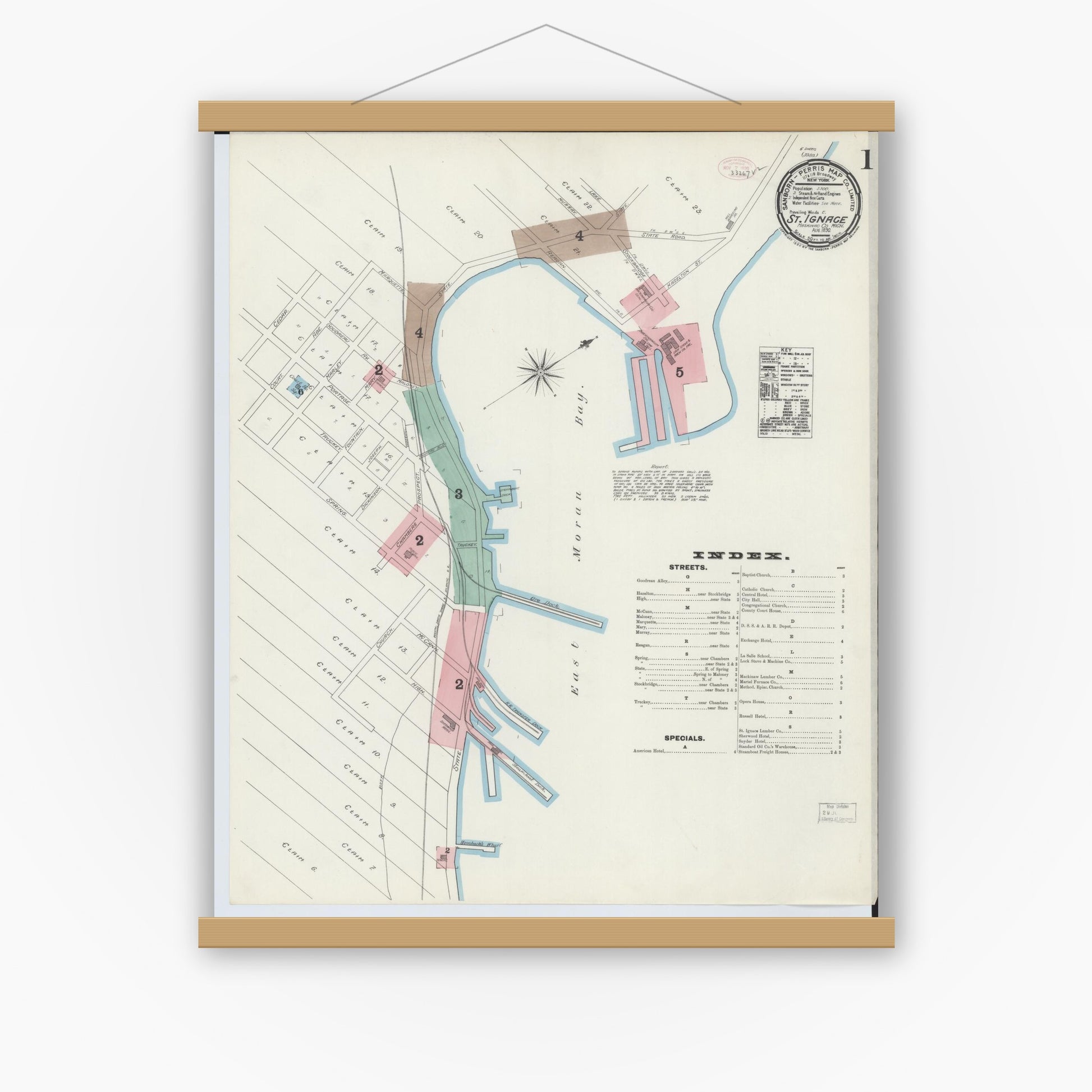 Old map wall art mockup — magnetic wood frame on white wall — Sanborn Fire Insurance Map from Saint Ignace, Mackinac County, Michigan (1890) - Complete Map Set