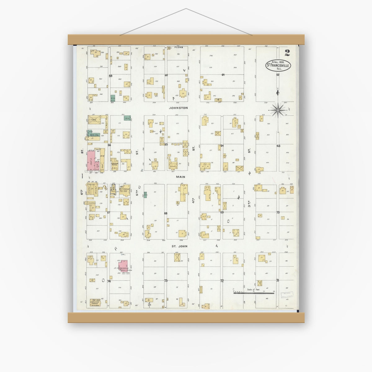 Old map wall art mockup — magnetic wood frame on white wall — Sanborn Fire Insurance Map from Saint Francisville, Lawrence County, Illinois (1906), Sheet #0002