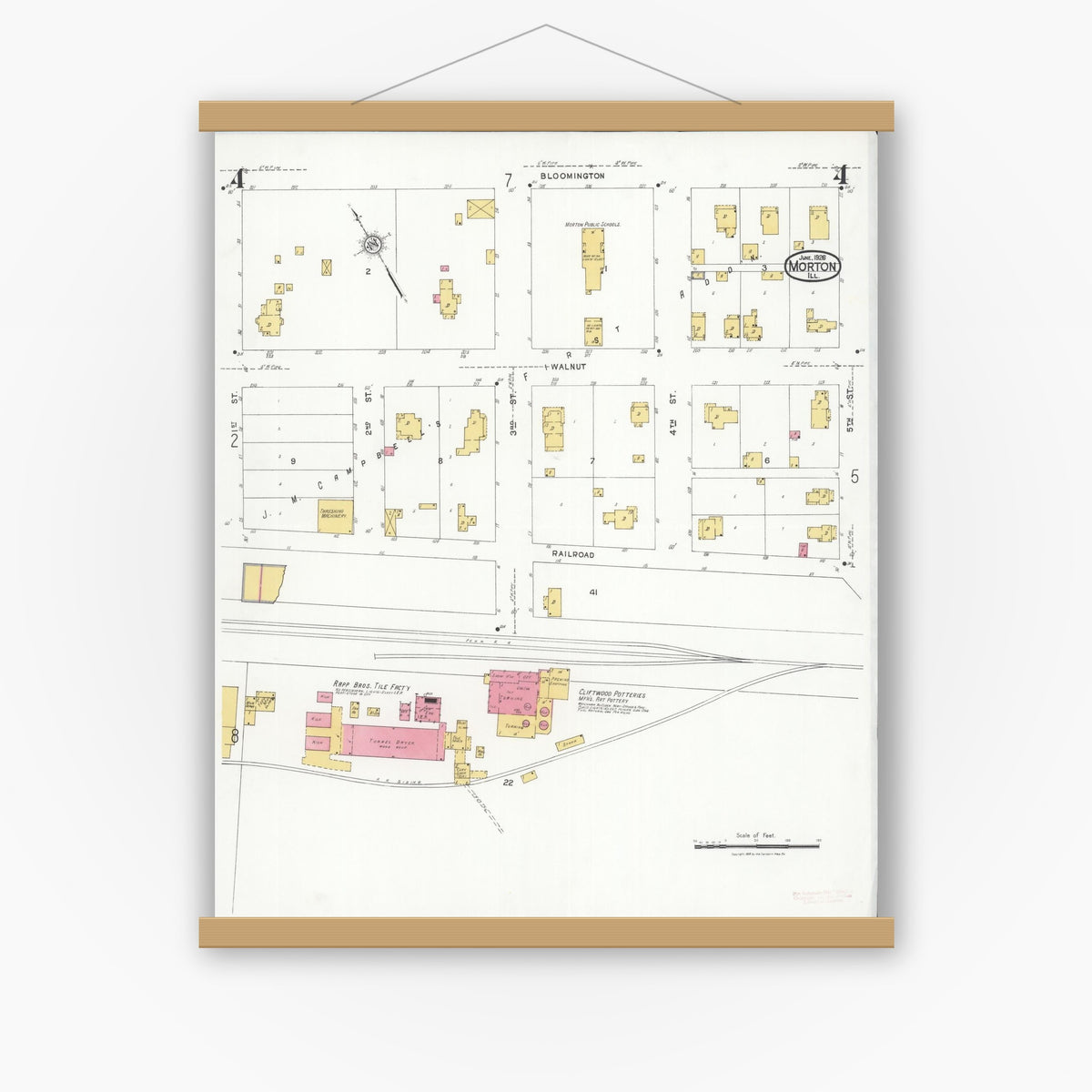 Old map wall art mockup — magnetic wood frame on white wall — Sanborn Fire Insurance Map from Morton, Tazewell County, Illinois (1926), Sheet #0004