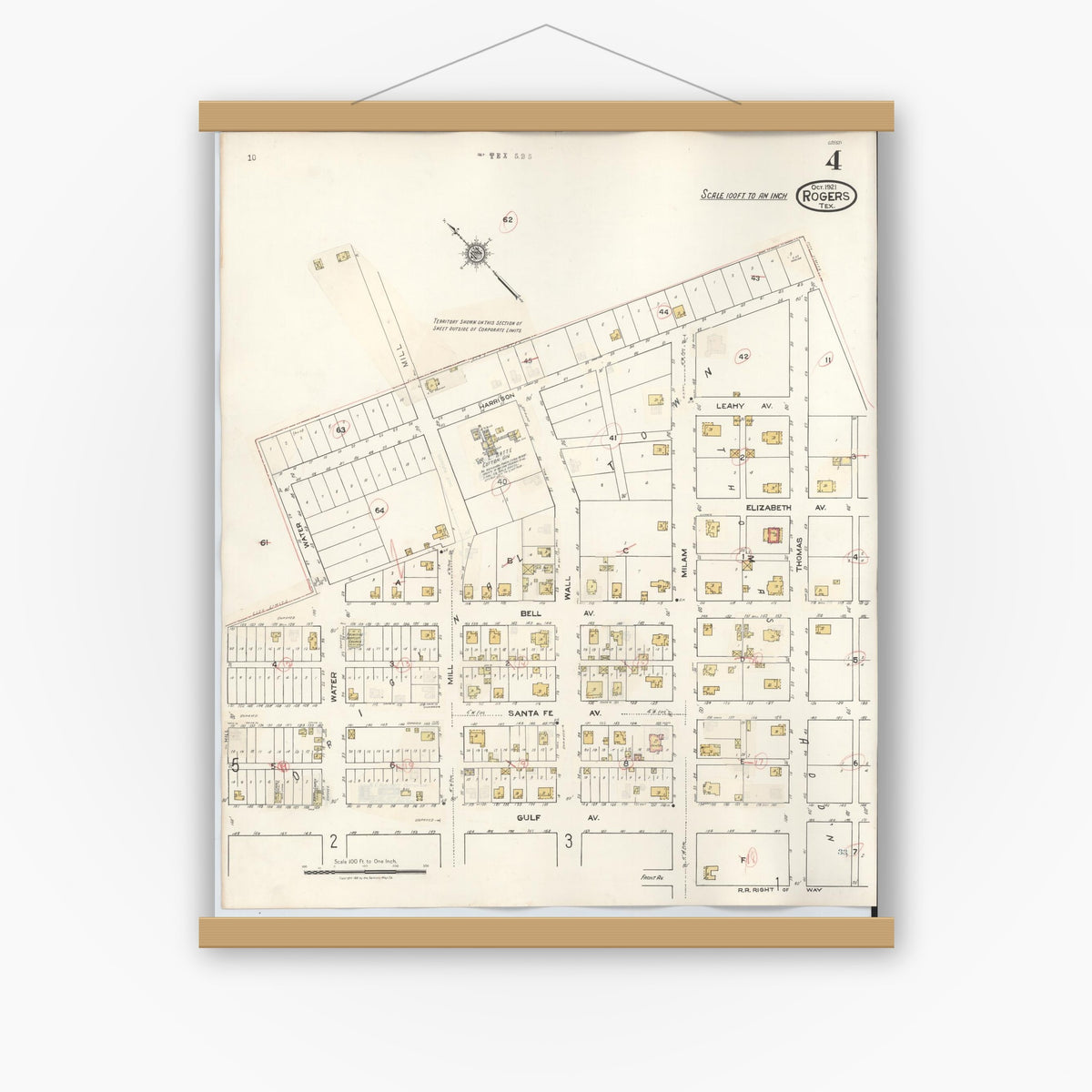 Old map wall art mockup — magnetic wood frame on white wall — Sanborn Fire Insurance Map from Rogers, Bell County, Texas (1944), Sheet #0004