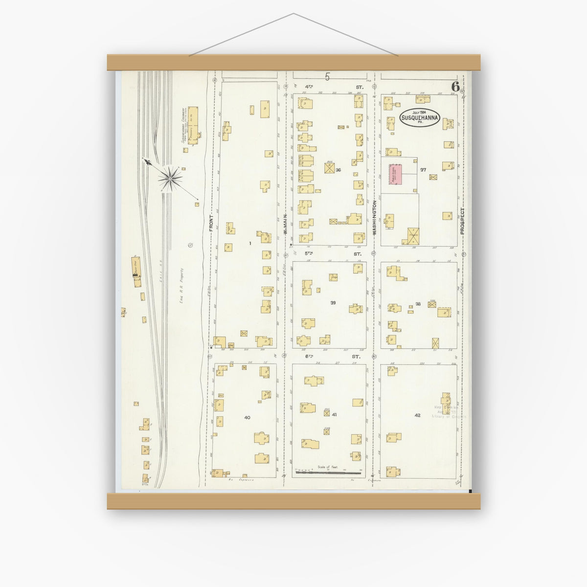 Old map wall art mockup — magnetic wood frame on white wall — Sanborn Fire Insurance Map from Susquehanna, Susquehanna County, Pennsylvania (1904), Sheet #0006