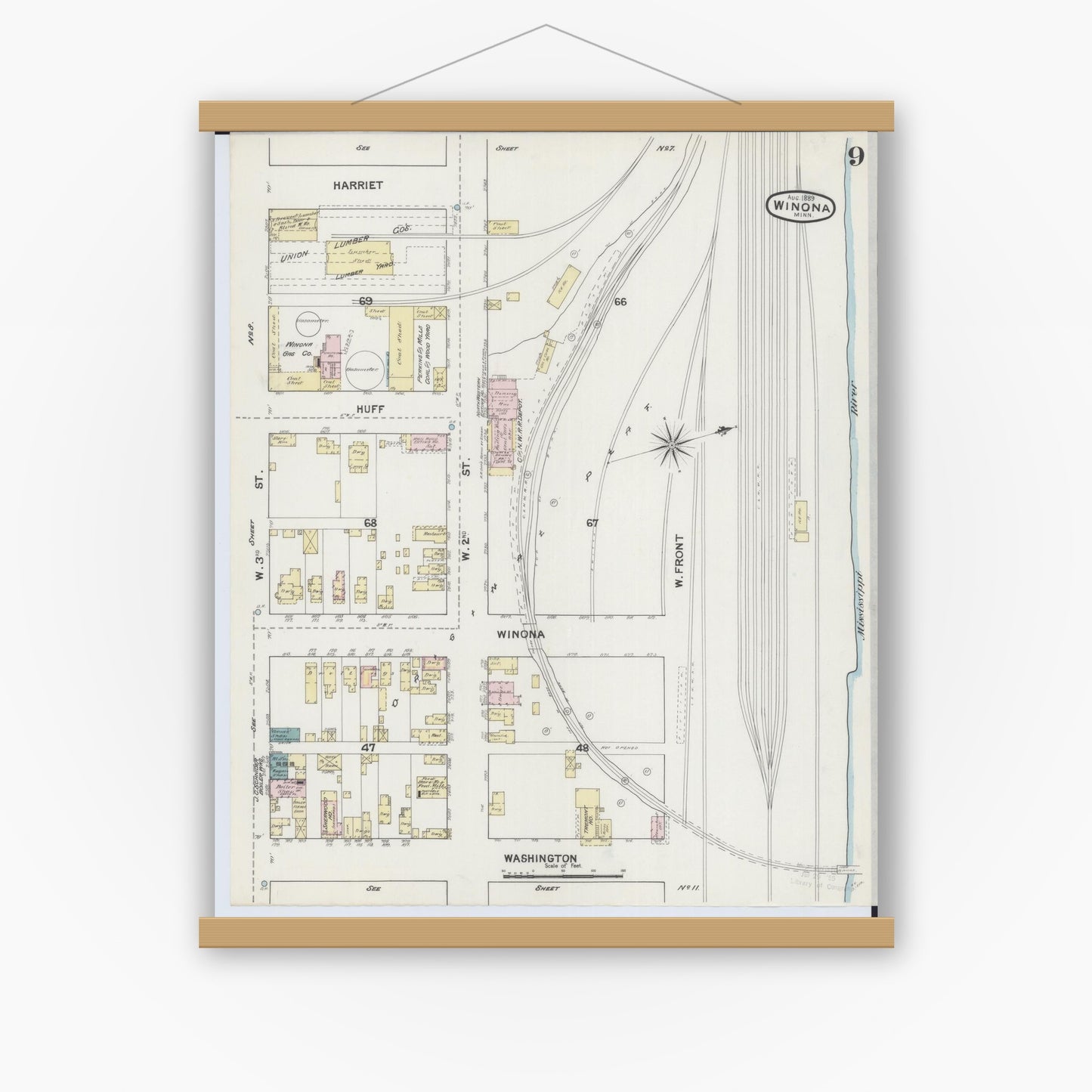 Old map wall art mockup — magnetic wood frame on white wall — Sanborn Fire Insurance Map from Winona, Winona County, Minnesota (1889), Sheet #0009