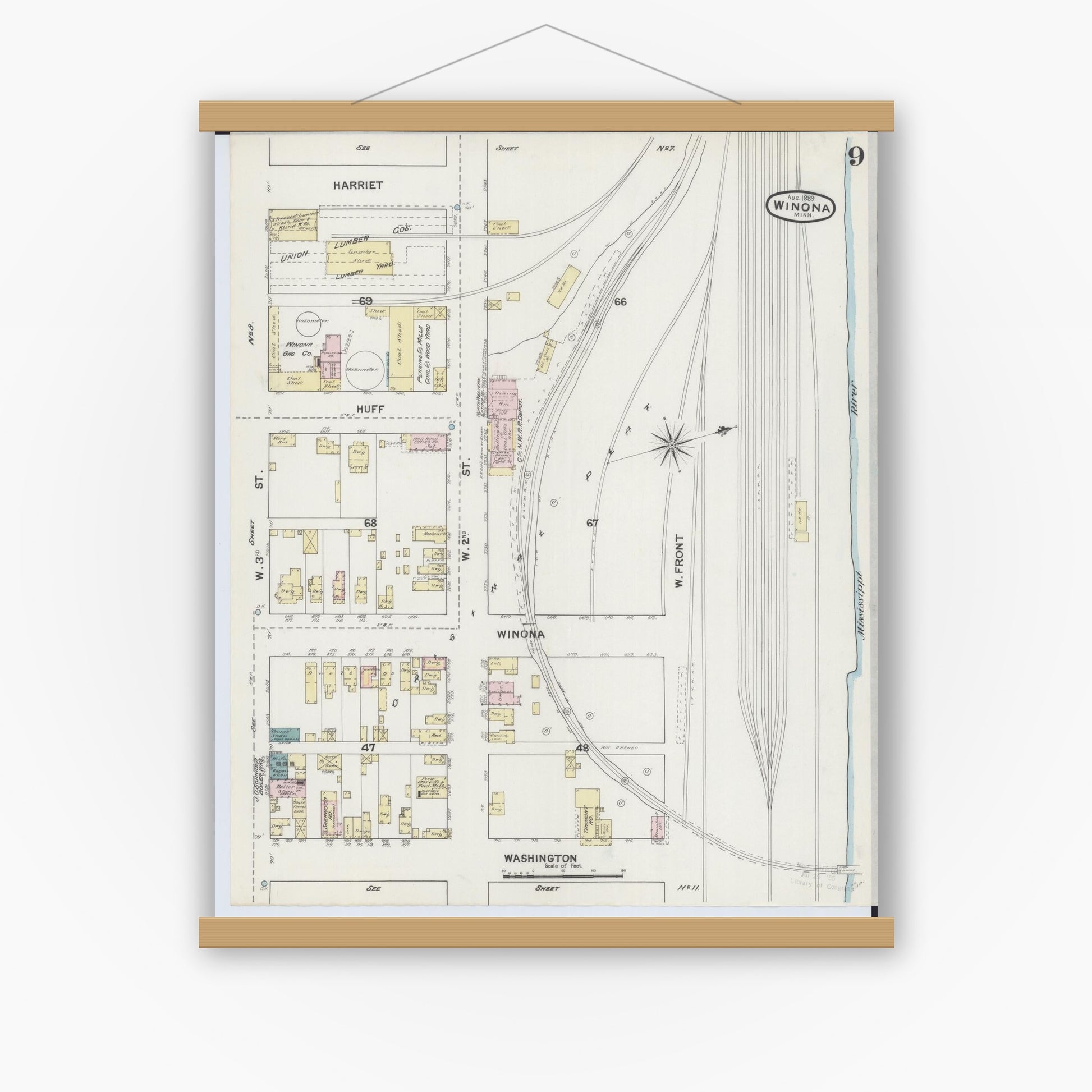Old map wall art mockup — magnetic wood frame on white wall — Sanborn Fire Insurance Map from Winona, Winona County, Minnesota (1889), Sheet #0009