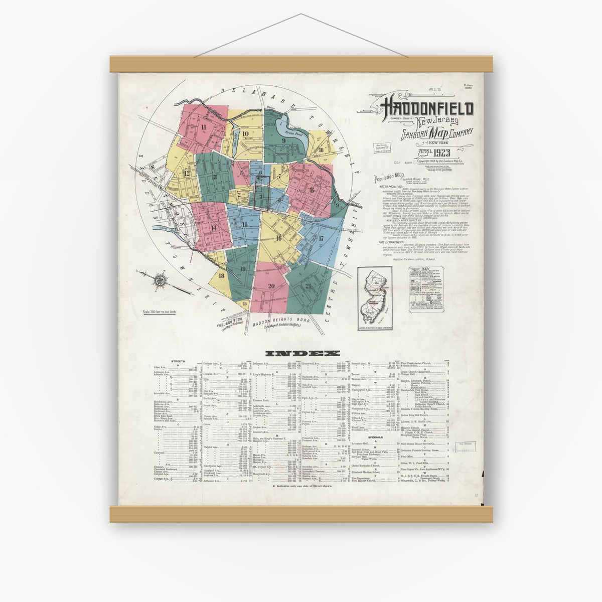 Old map wall art mockup — magnetic wood frame on white wall — Sanborn Fire Insurance Map from Haddonfield, Camden County, New Jersey (1923) - Complete Map Set
