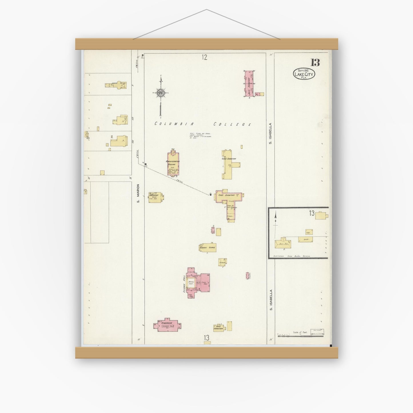 Old map wall art mockup — magnetic wood frame on white wall — Sanborn Fire Insurance Map from Lake City, Columbia County, Florida (1912), Sheet #0013
