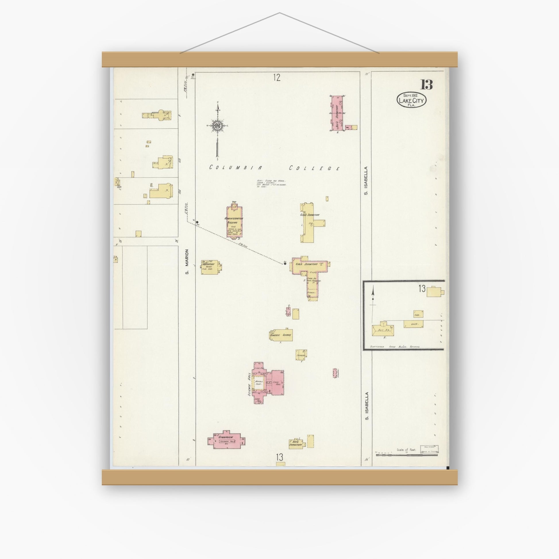 Old map wall art mockup — magnetic wood frame on white wall — Sanborn Fire Insurance Map from Lake City, Columbia County, Florida (1912), Sheet #0013