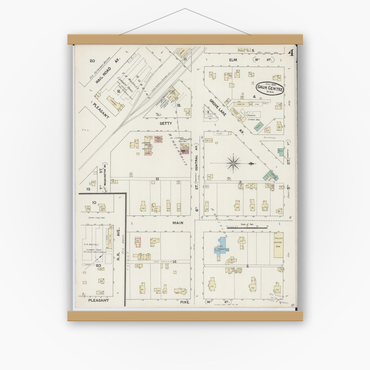 Old map wall art mockup — magnetic wood frame on white wall — Sanborn Fire Insurance Map from Sauk Centre, Stearns County, Minnesota (1890), Sheet #0004