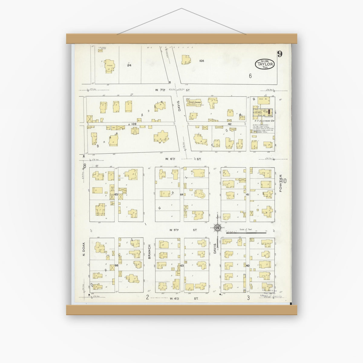 Old map wall art mockup — magnetic wood frame on white wall — Sanborn Fire Insurance Map from Taylor, Williamson County, Texas (1916), Sheet #0009