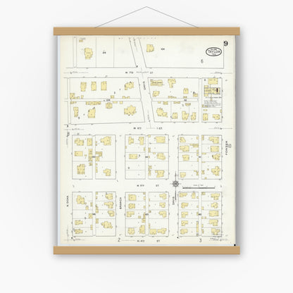 Old map wall art mockup — magnetic wood frame on white wall — Sanborn Fire Insurance Map from Taylor, Williamson County, Texas (1916), Sheet #0009