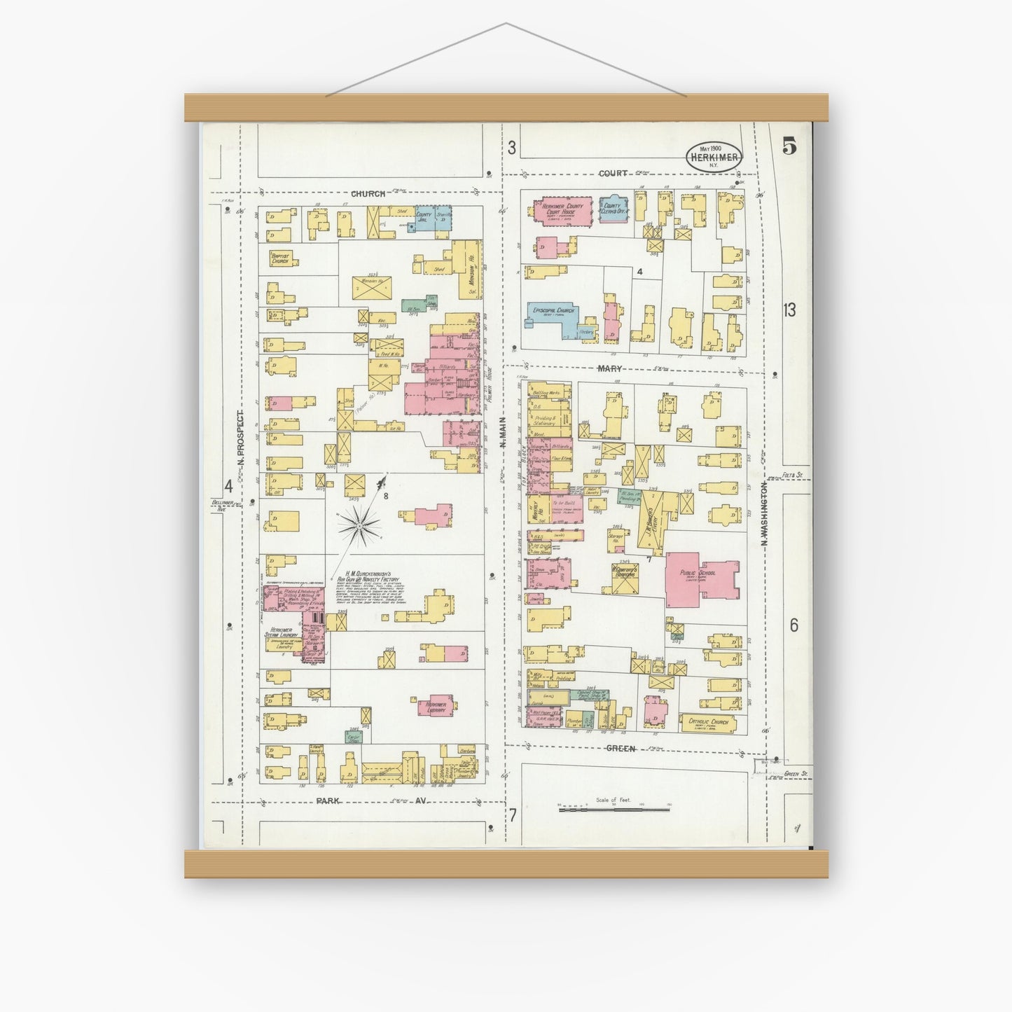 Old map wall art mockup — magnetic wood frame on white wall — Sanborn Fire Insurance Map from Herkimer, Herkimer County, New York (1900), Sheet #0005