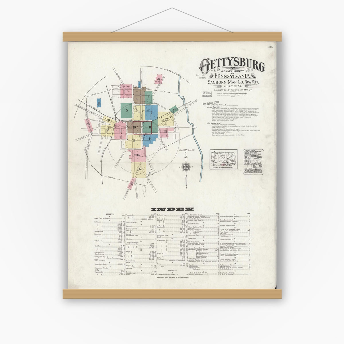 Old map wall art mockup — magnetic wood frame on white wall — Sanborn Fire Insurance Map from Gettysburg, Adams County, Pennsylvania (1924), Sheet #0001
