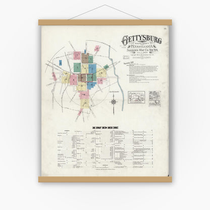 Old map wall art mockup — magnetic wood frame on white wall — Sanborn Fire Insurance Map from Gettysburg, Adams County, Pennsylvania (1924), Sheet #0001