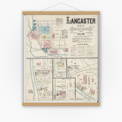Old map wall art mockup — magnetic wood frame on white wall — Sanborn Fire Insurance Map from Lancaster, Fairfield County, Ohio (1884), Sheet #0001