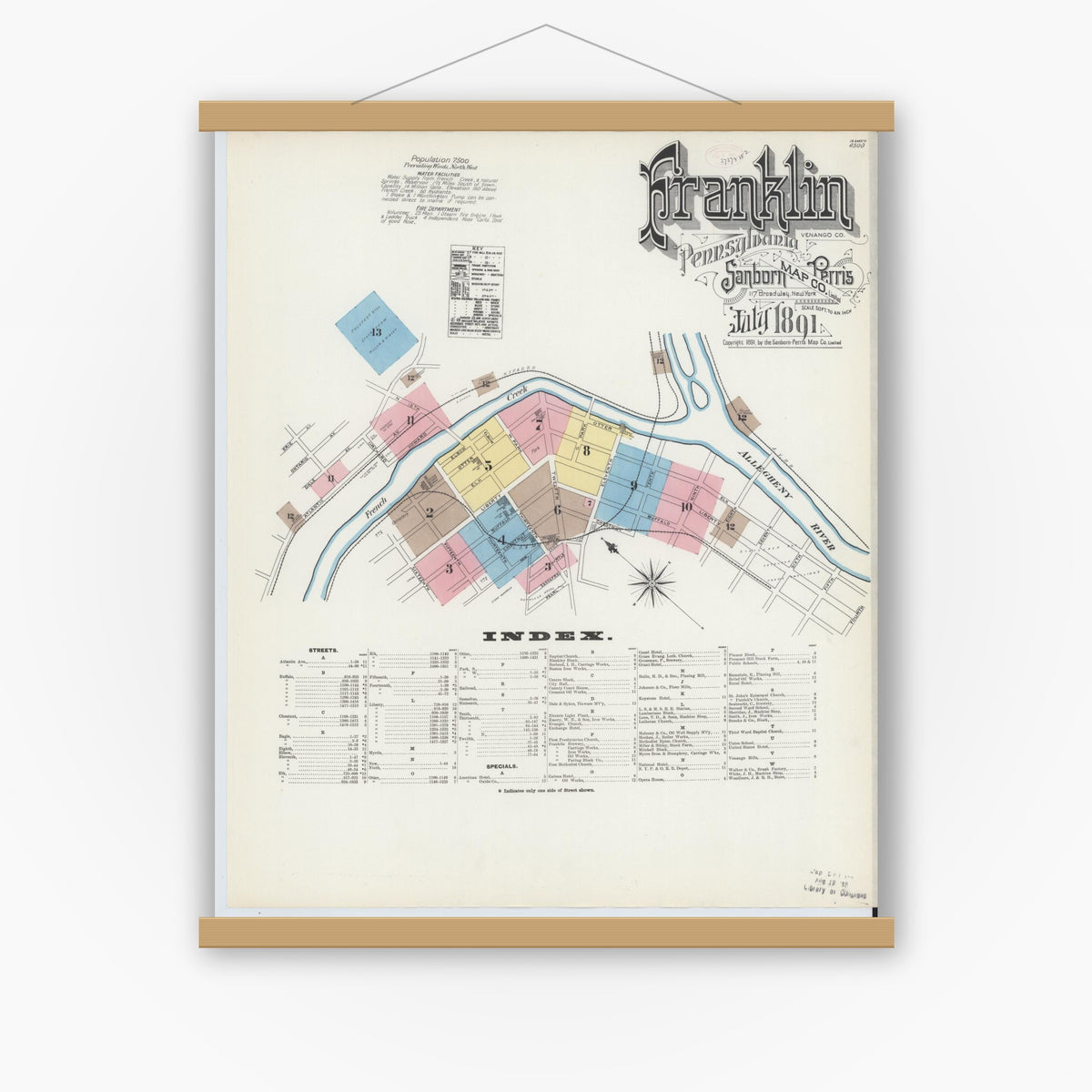 Old map wall art mockup — magnetic wood frame on white wall — Sanborn Fire Insurance Map from Franklin, Venango County, Pennsylvania (1891), Sheet #0001