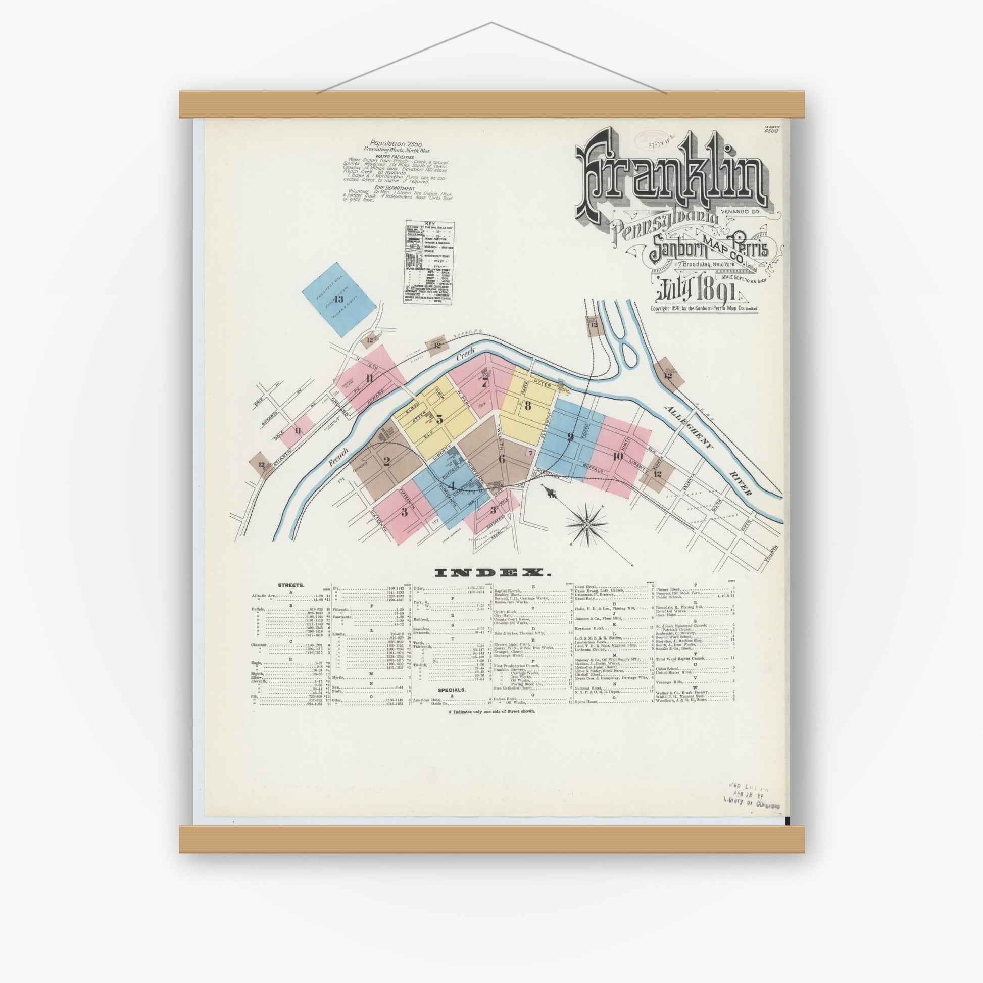 Old map wall art mockup — magnetic wood frame on white wall — Sanborn Fire Insurance Map from Franklin, Venango County, Pennsylvania (1891), Sheet #0001
