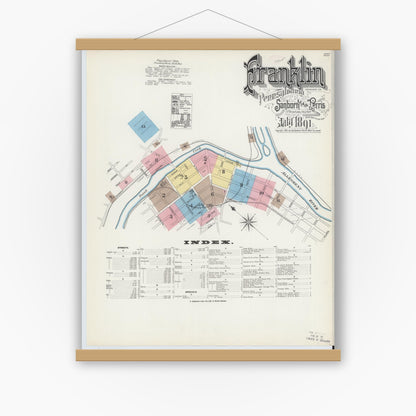 Old map wall art mockup — magnetic wood frame on white wall — Sanborn Fire Insurance Map from Franklin, Venango County, Pennsylvania (1891), Sheet #0001