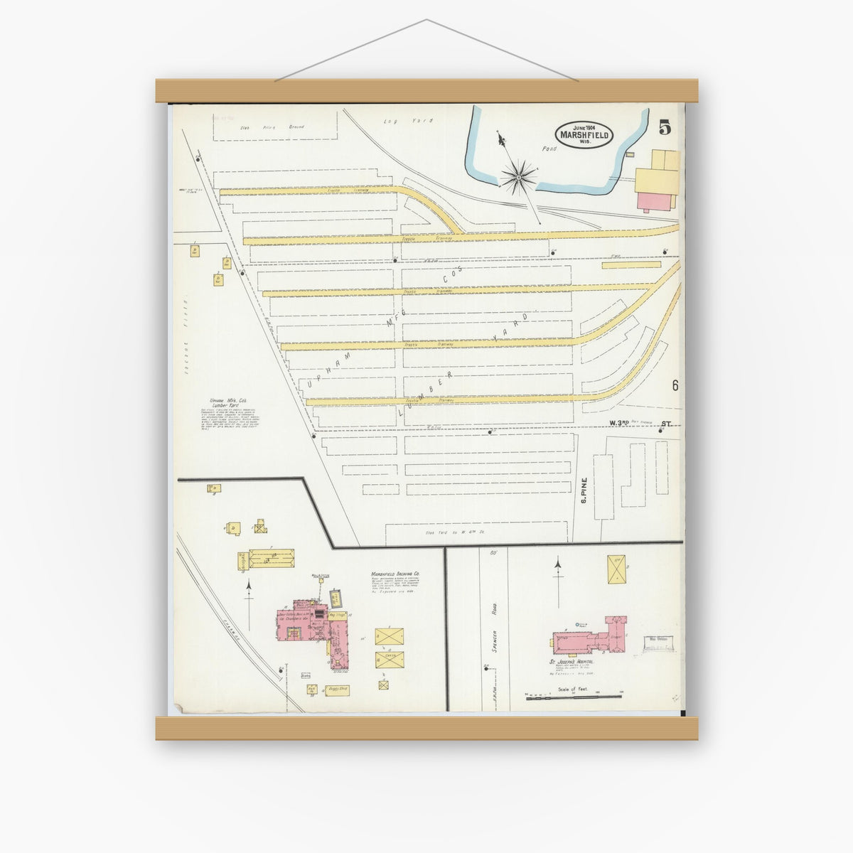Old map wall art mockup — magnetic wood frame on white wall — Sanborn Fire Insurance Map from Marshfield, Wood County, Wisconsin (1904), Sheet #0005