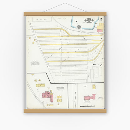 Old map wall art mockup — magnetic wood frame on white wall — Sanborn Fire Insurance Map from Marshfield, Wood County, Wisconsin (1904), Sheet #0005