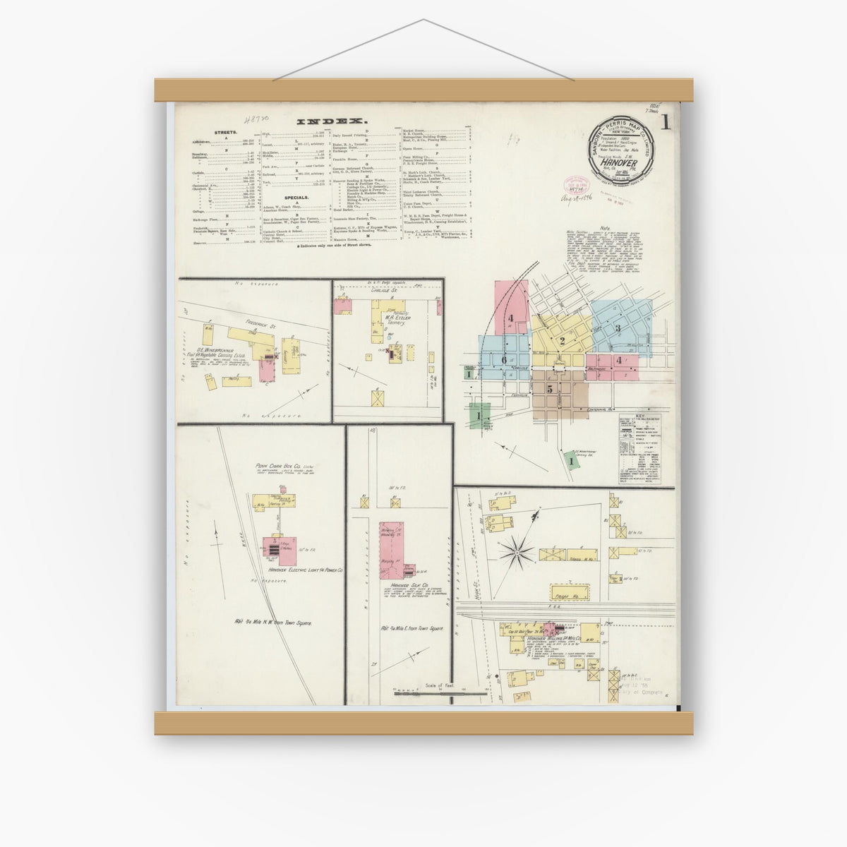 Old map wall art mockup — magnetic wood frame on white wall — Sanborn Fire Insurance Map from Hanover, York County, Pennsylvania (1896), Sheet #0001