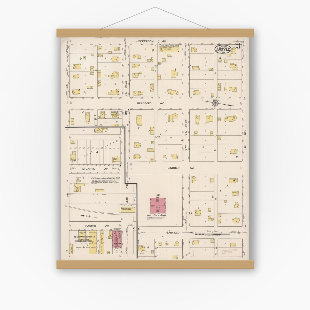Old map wall art mockup — magnetic wood frame on white wall — Sanborn Fire Insurance Map from Argyle, Marshall County, Minnesota (1922), Sheet #0003
