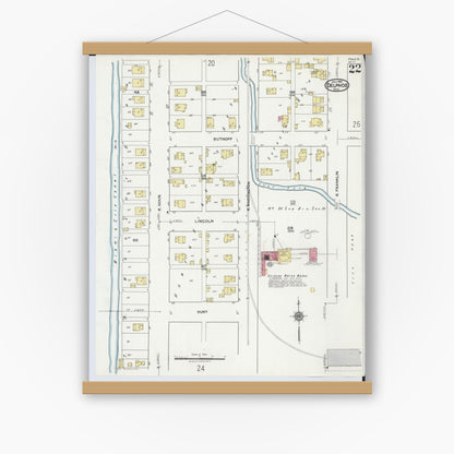 Old map wall art mockup — magnetic wood frame on white wall — Sanborn Fire Insurance Map from Delphos, Van Wert And Allen Counties, Ohio (1921), Sheet #0022