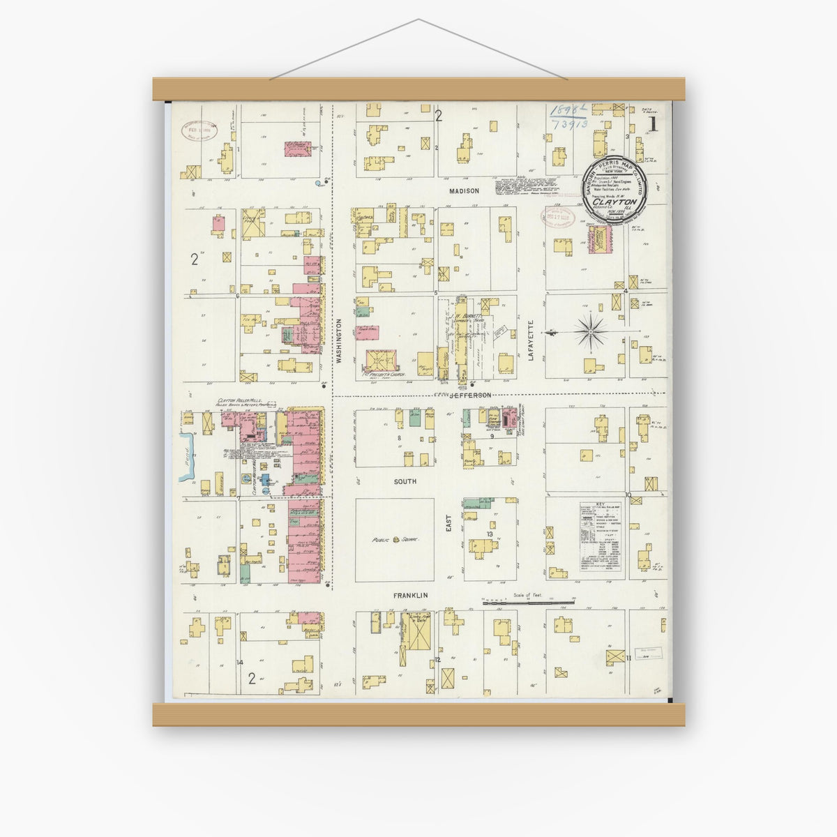 Old map wall art mockup — magnetic wood frame on white wall — Sanborn Fire Insurance Map from Clayton, Adams County, Illinois (1898), Sheet #0001