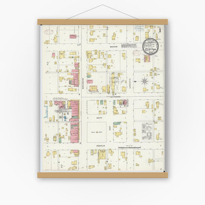 Old map wall art mockup — magnetic wood frame on white wall — Sanborn Fire Insurance Map from Clayton, Adams County, Illinois (1898), Sheet #0001