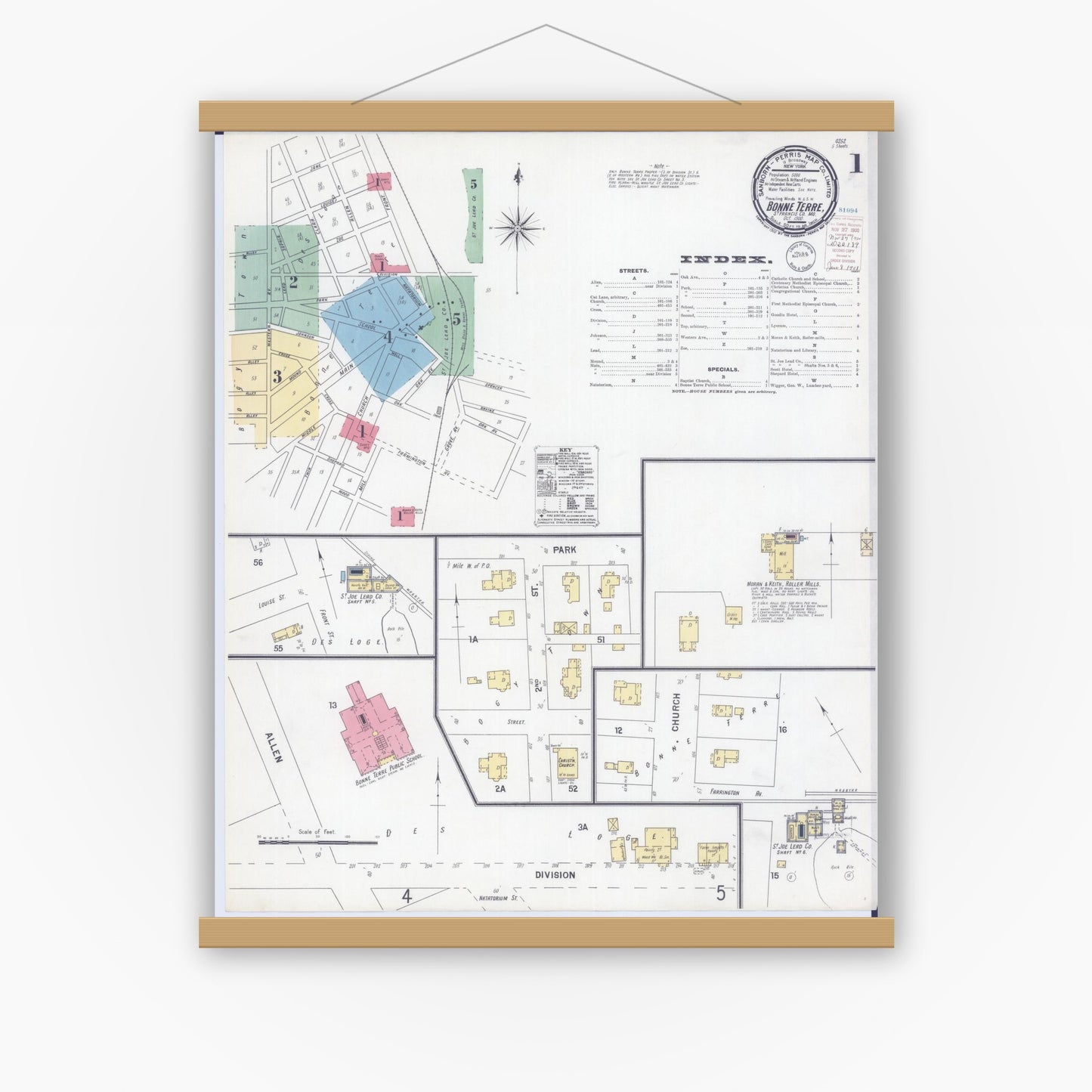 Old map wall art mockup — magnetic wood frame on white wall — Sanborn Fire Insurance Map from Bonne Terre, Saint Francois County, Missouri (1900) - Complete Map Set