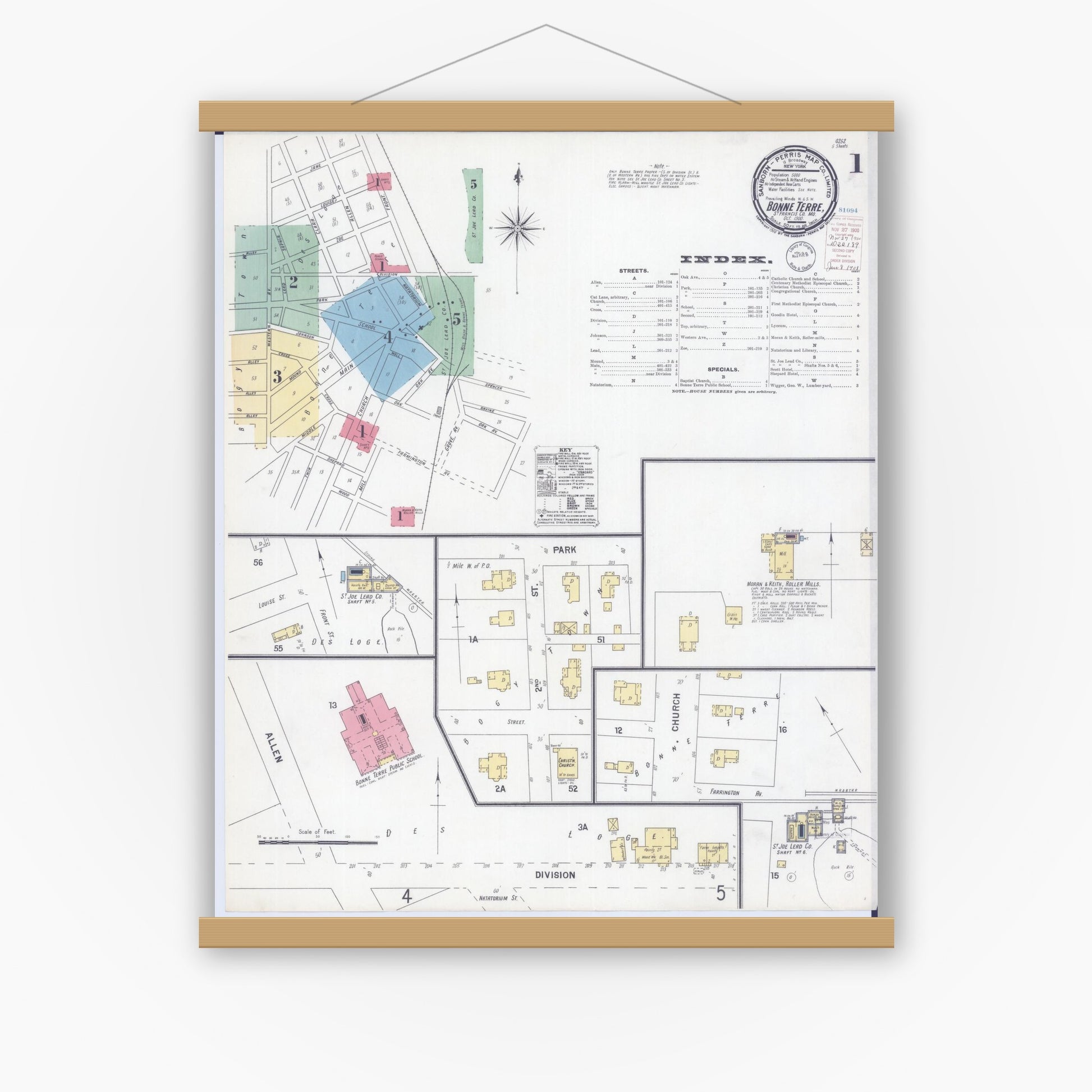 Old map wall art mockup — magnetic wood frame on white wall — Sanborn Fire Insurance Map from Bonne Terre, Saint Francois County, Missouri (1900) - Complete Map Set