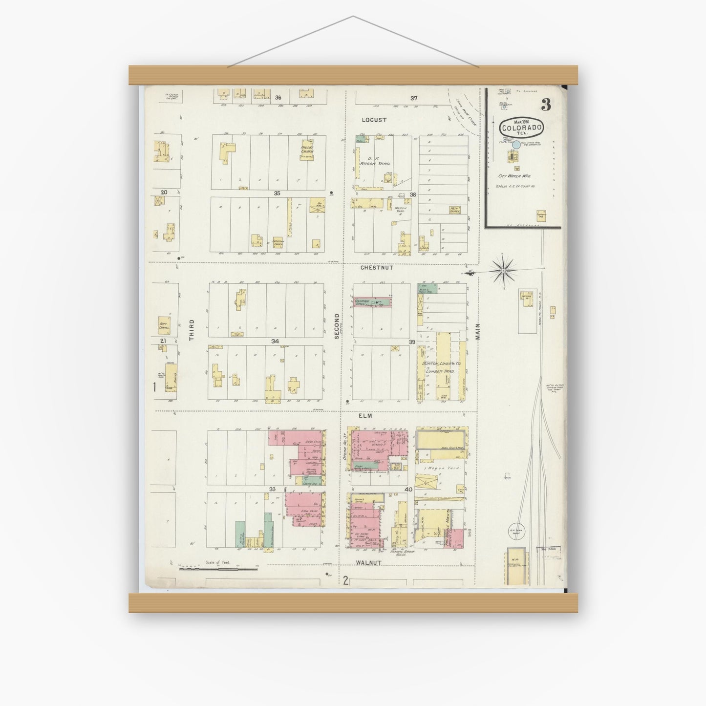 Old map wall art mockup — magnetic wood frame on white wall — Sanborn Fire Insurance Map from Colorado, Mitchell County, Texas (1896), Sheet #0003
