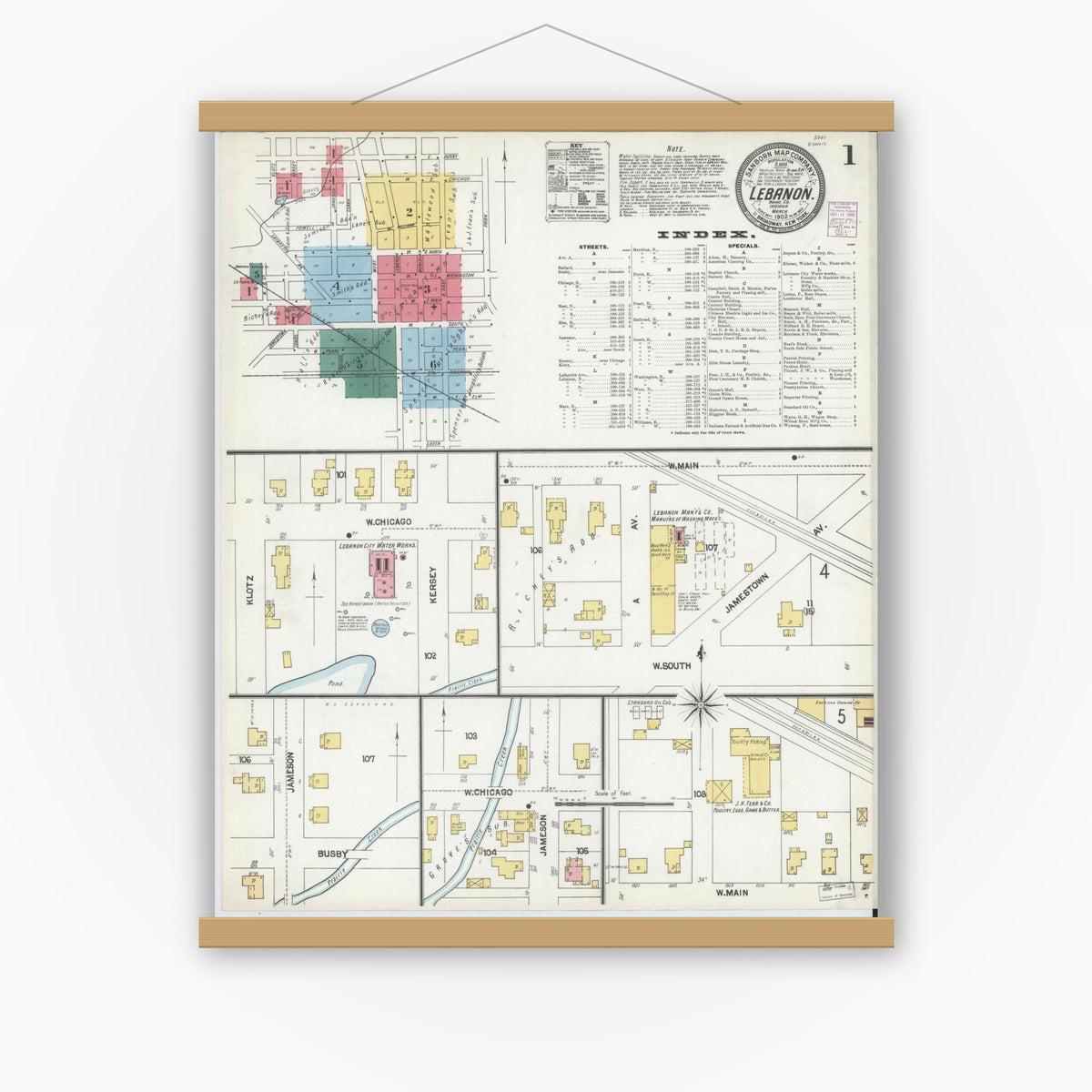 Old map wall art mockup — magnetic wood frame on white wall — Sanborn Fire Insurance Map from Lebanon, Boone County, Indiana (1902), Sheet #0001