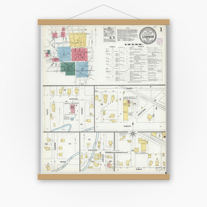 Old map wall art mockup — magnetic wood frame on white wall — Sanborn Fire Insurance Map from Lebanon, Boone County, Indiana (1902), Sheet #0001